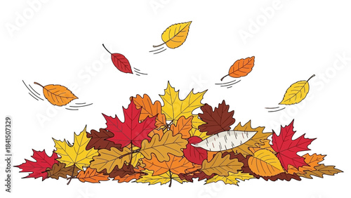 A vibrant illustration of a large pile of colorful autumn leaves with some leaves falling and blowing in the wind, depicting the fall season.