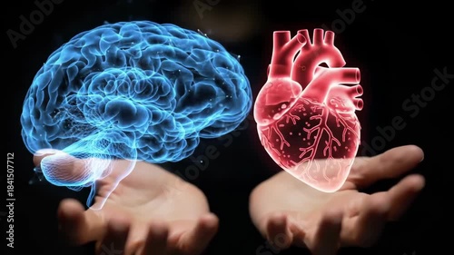 Hands holding holographic heart and brain on dark background. A concept of human health, body care, science, and medicine.