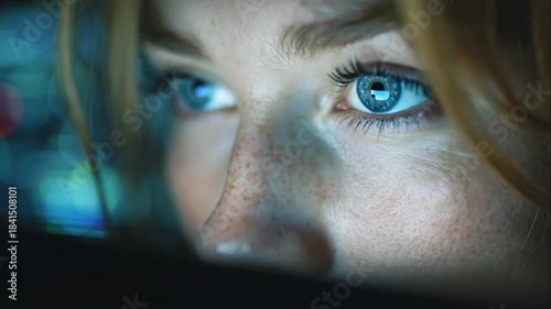 Woman with blue eye looking at glowing screen display close up. Girl connecting to digital world. Concept of virtual reality, cybersecurity, or deep focus.