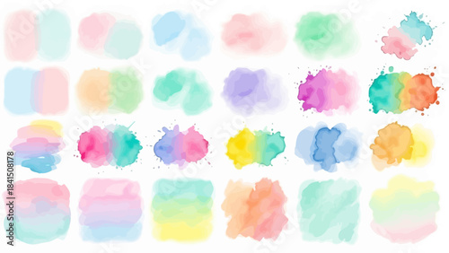 Vibrant pastel watercolor paint splatters in various colors on white background for artistic design