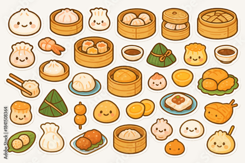 Cute cartoon dim sum collection with various adorable dumplings