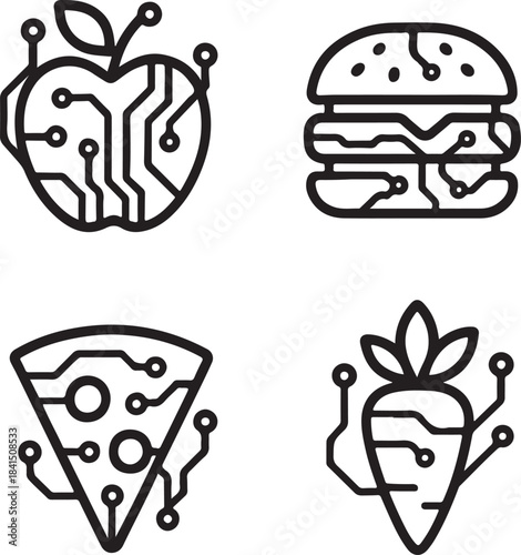 Isolated Food Project Circuit System Icons, Food Project Circuit System, Smart Chip Lines, Digital Connections, Minimal Tech Paths, Solid Black Circuits, Editable Vector