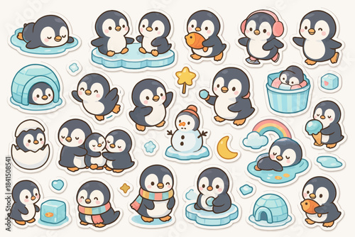 Cute cartoon penguins with igloos and snowman stickers set