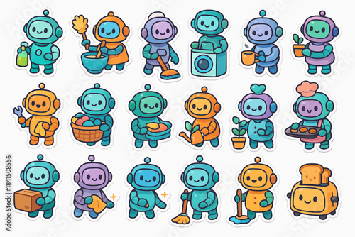 Cute cartoon robots doing household chores with cheerful expressions