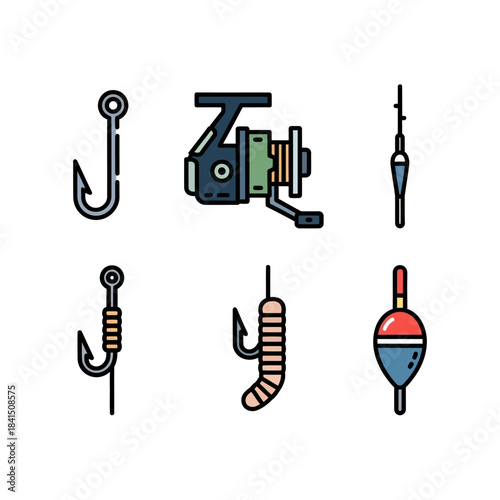 Colorful fishing tackle icons set with hooks, reel, and bobbers in a flat design style.