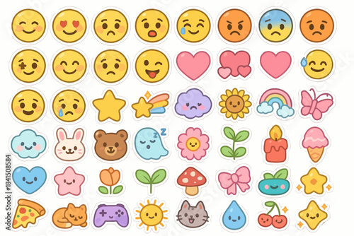Colorful emoji and icon sticker collection featuring animals and nature elements