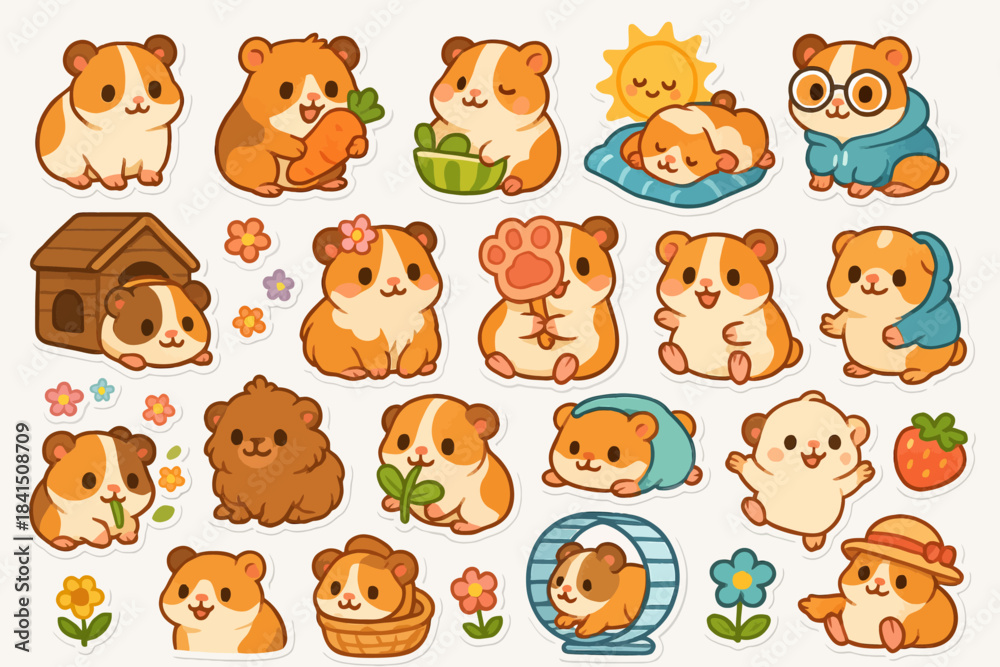Obraz premium Cute cartoon guinea pigs with accessories in various poses