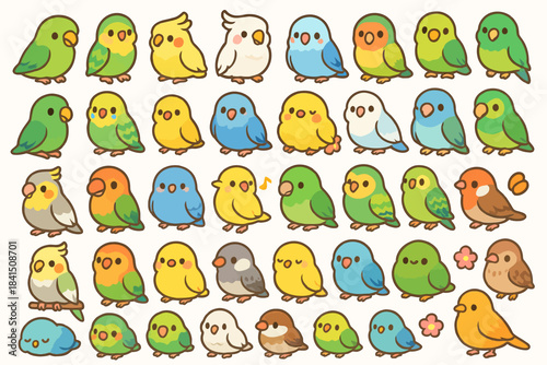 Colorful cartoon parrots and budgerigars in various poses and expressions
