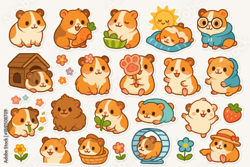 Cute cartoon guinea pigs with accessories in various poses