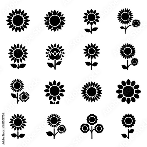 Collection of Silhouetted Flower Icons for Design and Decoration