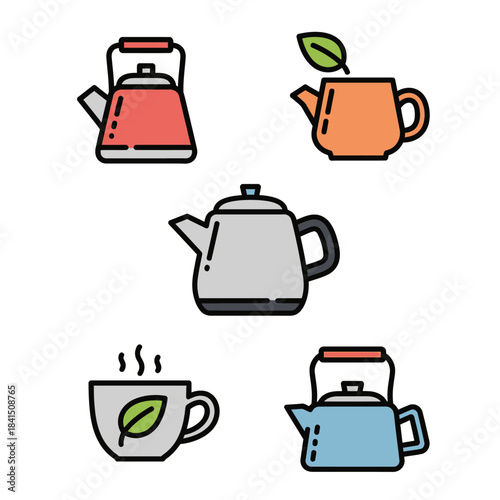 Colorful flat design tea kettles, teapots, and a steaming cup with green leaves, kitchenware icons.