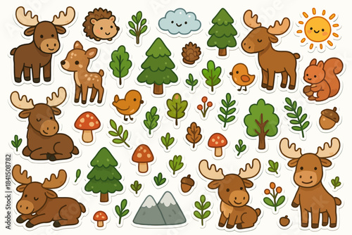 Cute cartoon forest animals with moose, trees, and nature elements