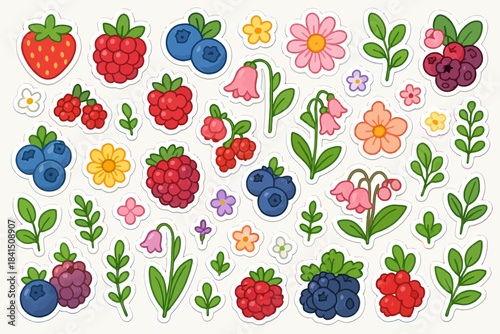 Cute colorful cartoon stickers of berries, flowers, and leaves on white background