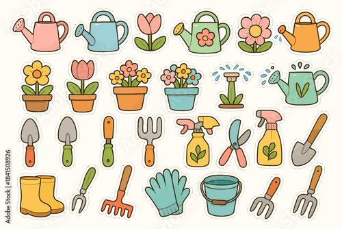 Colorful garden tools and plants with watering cans and flowers illustration