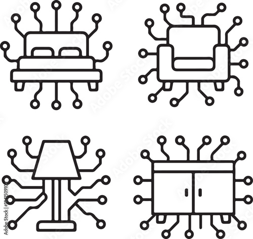 Isolated Home Furniture Circuit System Icons, Home Furniture Circuit System, Smart Chip Lines, Digital Connections, Minimal Tech Paths, Solid Black Circuits, Editable Vector