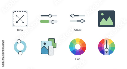 Colorful flat line icon set for photo editing software user interface, including crop, adjust, and hue tools.