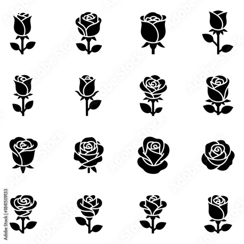 Collection of Silhouetted Flower Icons for Design and Decoration