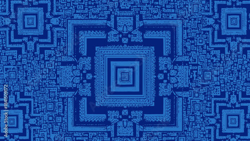 Intricate blue geometric pattern with concentric squares and rectangles in varying shades of blue on a digital circuit board