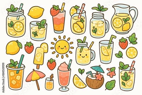 Colorful summer drinks and fruits with cute sun illustration