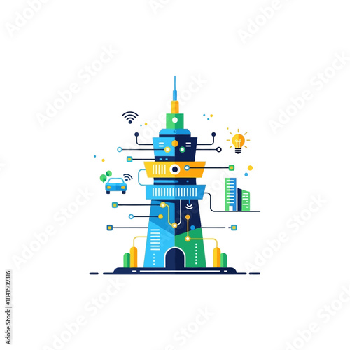 Colorful Futuristic Tower with Antenna, Connected Devices, and Geometric Design Elements.