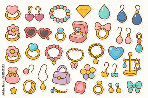 Colorful cartoon jewelry collection with rings, necklaces, earrings, and more