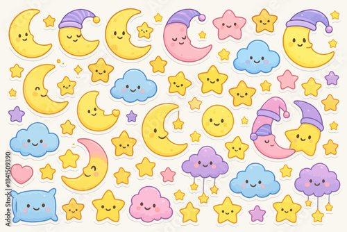 Cute cartoon moon and stars pattern with smiling faces and clouds