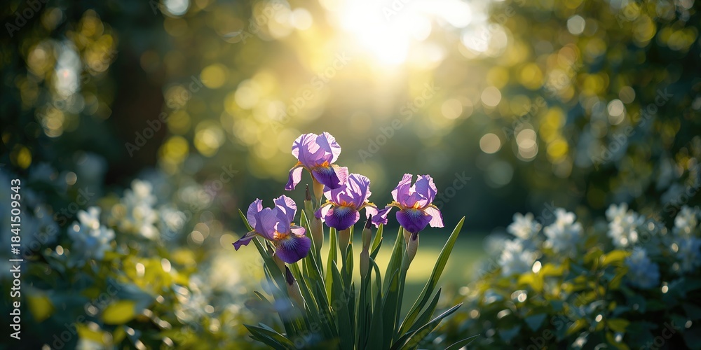 Obraz premium Iris flowers in full bloom within a garden scene, natural floral backdrop for cards, seasonal celebration