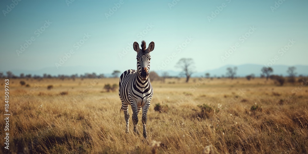 Obraz premium Wild zebra wandering through natural habitat, highlighting animal behavior in the wilderness