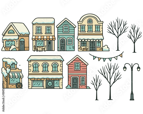 Vector illustration set of cartoon houses and city buildings