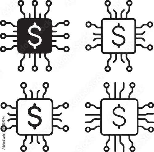 Isolated Dollar Circuit System Icons, Dollar Circuit System, Smart Chip Lines, Digital Connections, Minimal Tech Paths, Solid Black Circuits, Editable Vector