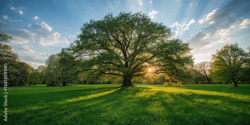 Naklejka premium Spring park setting with vibrant foliage designed for editorial header backgrounds and layout use