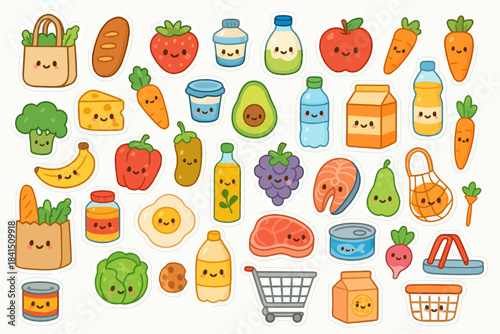 Cute kawaii food stickers with smiling faces and groceries