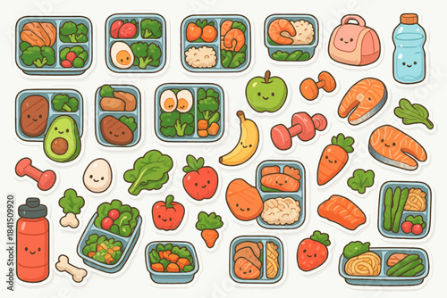 Cute cartoon bento boxes with fruits, vegetables, and happy faces