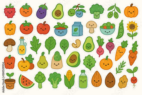 Cute cartoon vegetables and fruits with smiling faces and food items