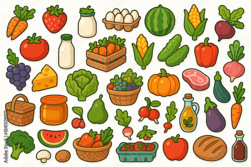 Colorful array of fresh vegetables and fruits with dairy and bread