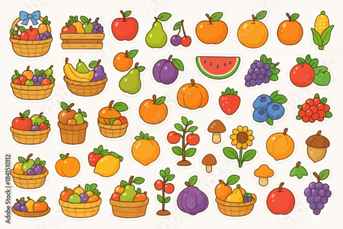 Colorful variety of cartoon fruits and vegetables with baskets on white background