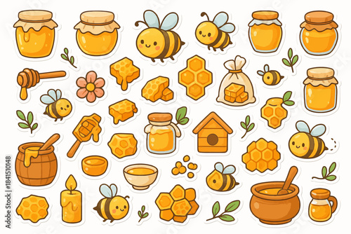 Cute honey bee and honeycomb stickers with jars and flowers
