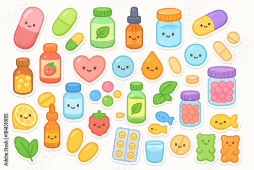 Colorful kawaii vitamin and supplement stickers with cute faces