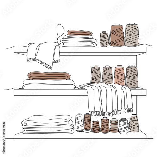 Shelves with yarn and textiles, line art in earth tones, craft supplies