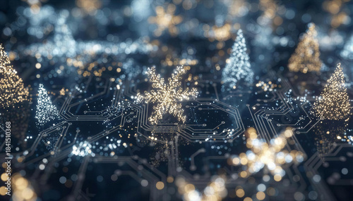 Lights forming snowflake and xmas tree shapes float above circuit board among paths, hazy winter festive technology background