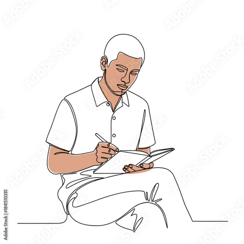 Man writing in journal, line art style, calm non-digital activity