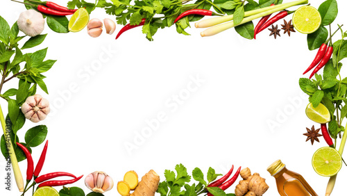Fresh Thai cooking ingredients frame with herbs, spices, and vegetables
