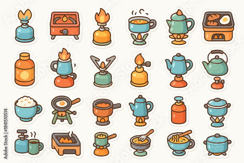 Collection of colorful cartoon kitchen and cooking icons with grills and kettles
