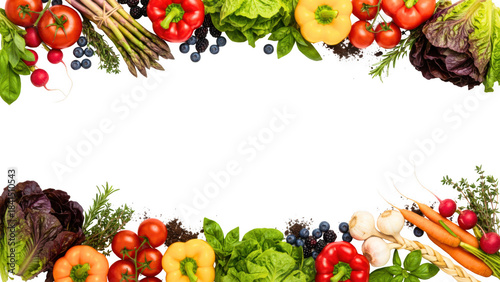 Fresh organic vegetables, fruits, and herbs arranged as a vibrant border, showcasing healthy eating and natural ingredients.