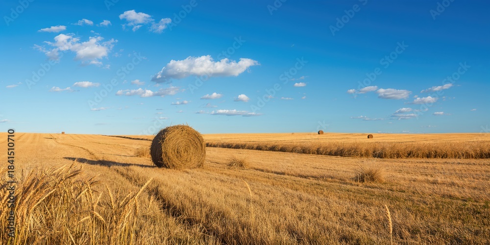 Naklejka premium Hay and straw bales in late summer setting, used for agricultural storage