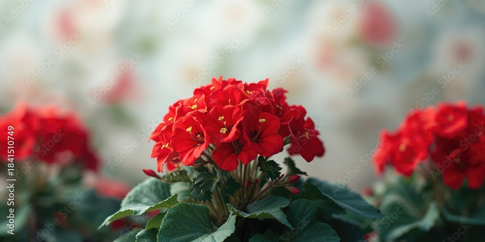 Obraz premium Detailed view of blooming red Geranium Pelargoniums, suitable for floral wallpaper design and ornamental plant display