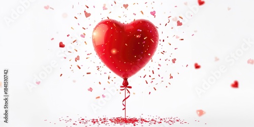 Celebration decoration featuring heart-shaped balloon and confetti, suitable for Valentine's Day themes