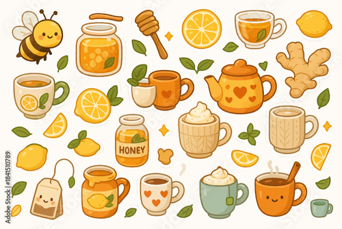 Cute tea and honey themed pattern with lemons and ginger