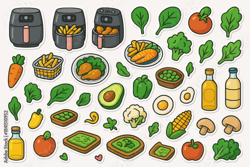Colorful variety of vegetables, fruits, and air fryers with healthy ingredients