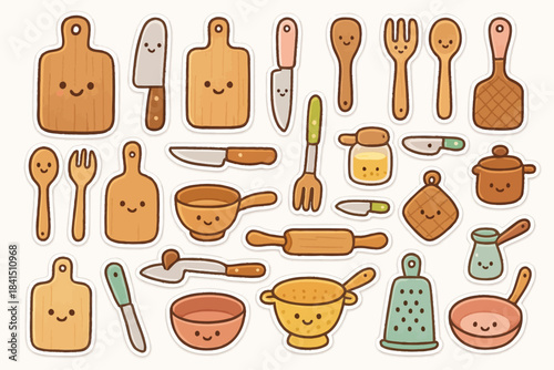Cute cartoon kitchen utensils with smiling faces in pastel colors